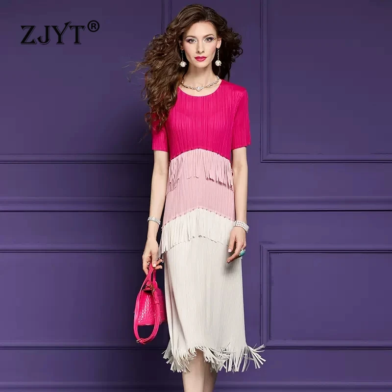 

ZJYT Fashion Summer Womens Color Block Pleated Dresses 2024 Elegant Beading Short Sleeve Tassel Midi Dress Vestidos Femininos