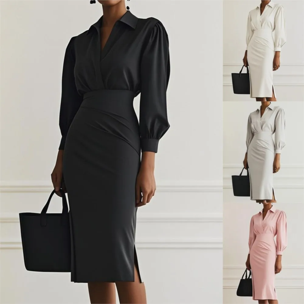 فستان بسيط وعصري برقبة على شكل حرف V بلون سادة وخصر مشدود للنساء للخريف #2