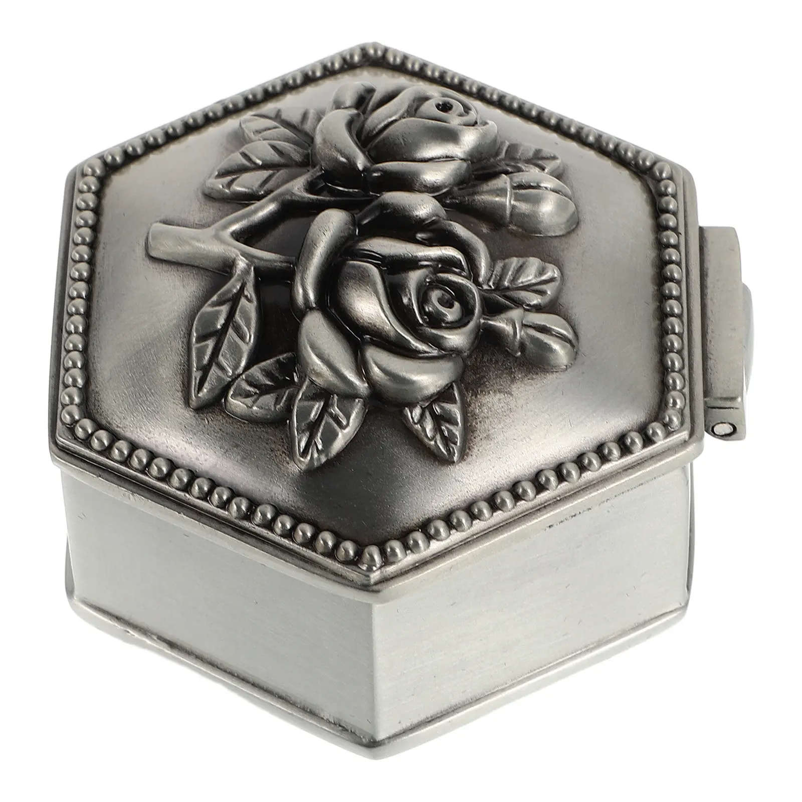 

Metal Embossed Rose Hexagon Jewelry Storage Box Small Decorative Organizer Case for Rings Trinkets Vanity Desktop Vintage