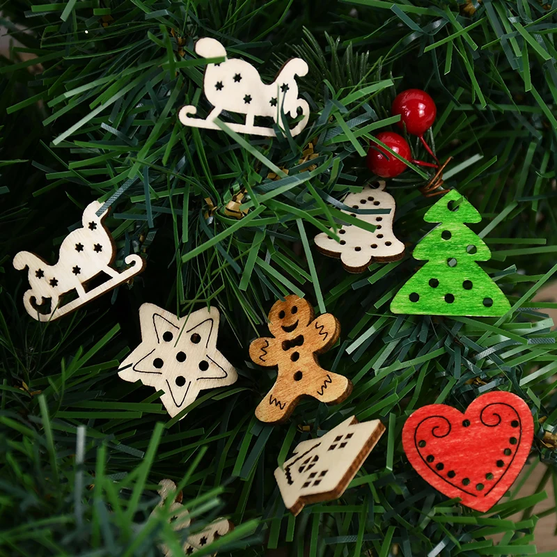 50Pcs Christmas Wooden Chips Natural Snowflake Santa Claus Hanging Pendant Decoration Diy Craft For Xmas New Year Gift Supplies