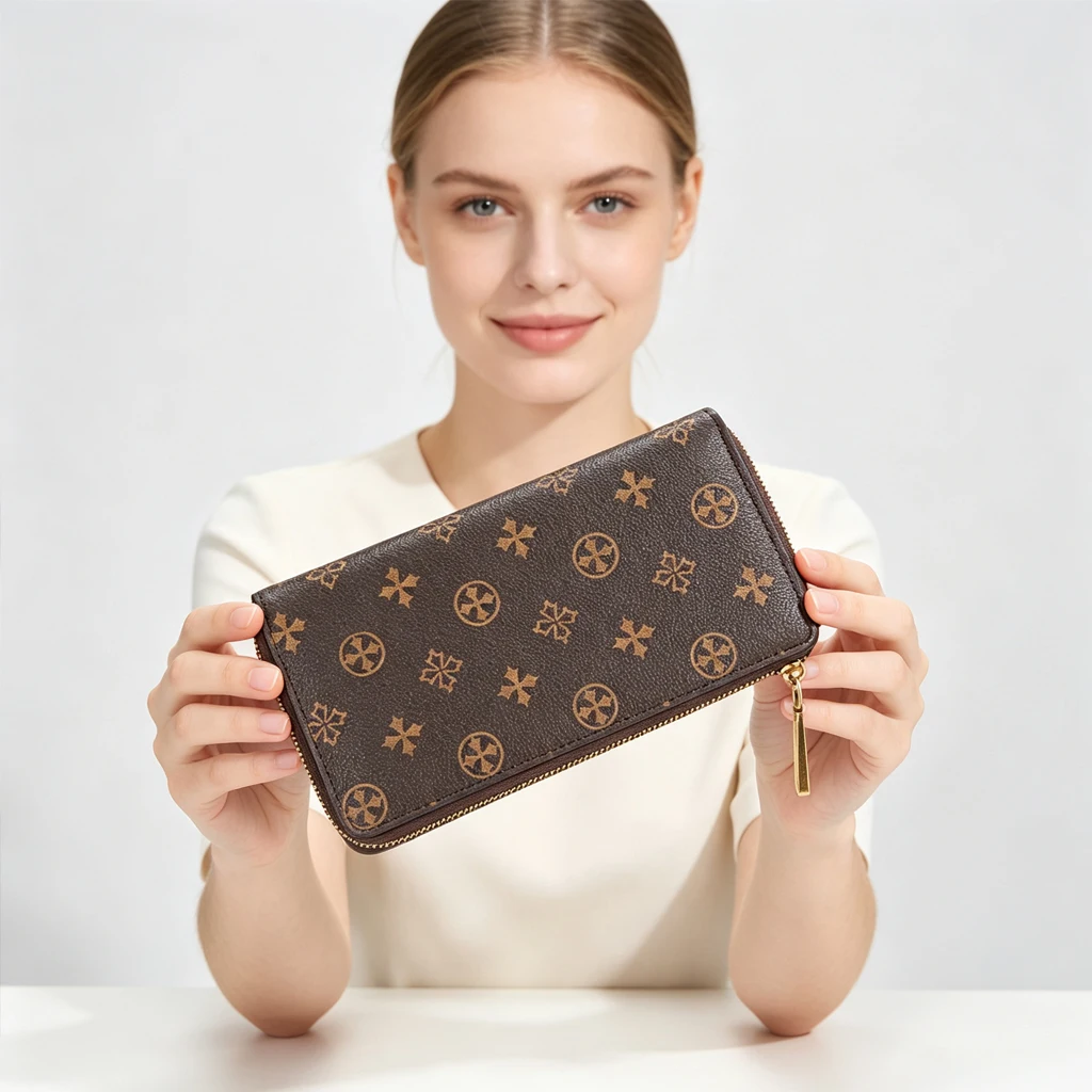 1Pc-Baellerry Vintage Printed Zip-Around Long Wallet, Large Capacity Pu Leather Clutch with Multiple Card Slots, Can Hold Mobile Phone, Portable Travel Wallet, Classic Pattern, Unisex Gift