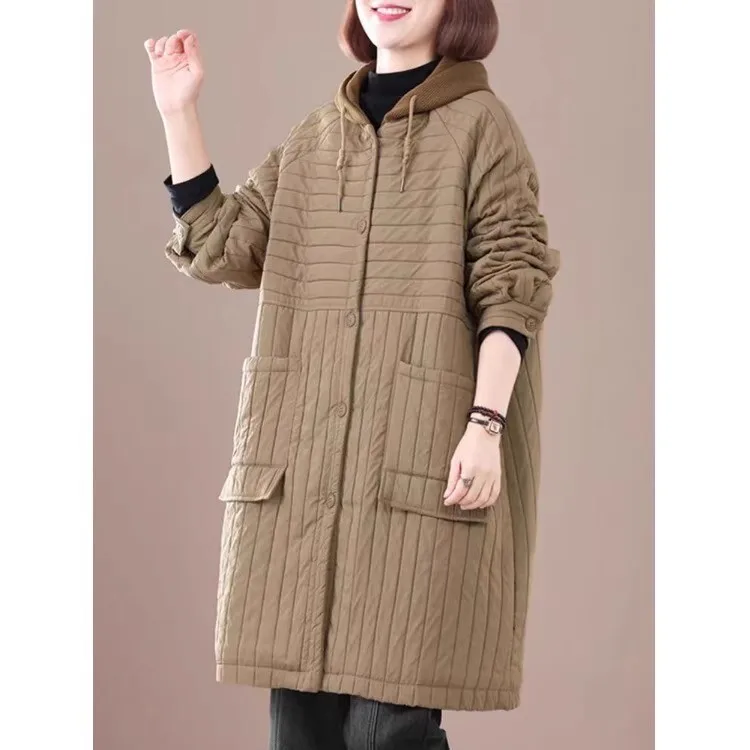 Vefadisa 2024 Autumn Winter New Coffee Striped Retro Women Parkas Coat With Hooded Long Sleeved Mid-length Parkas Coat ZXY1203A