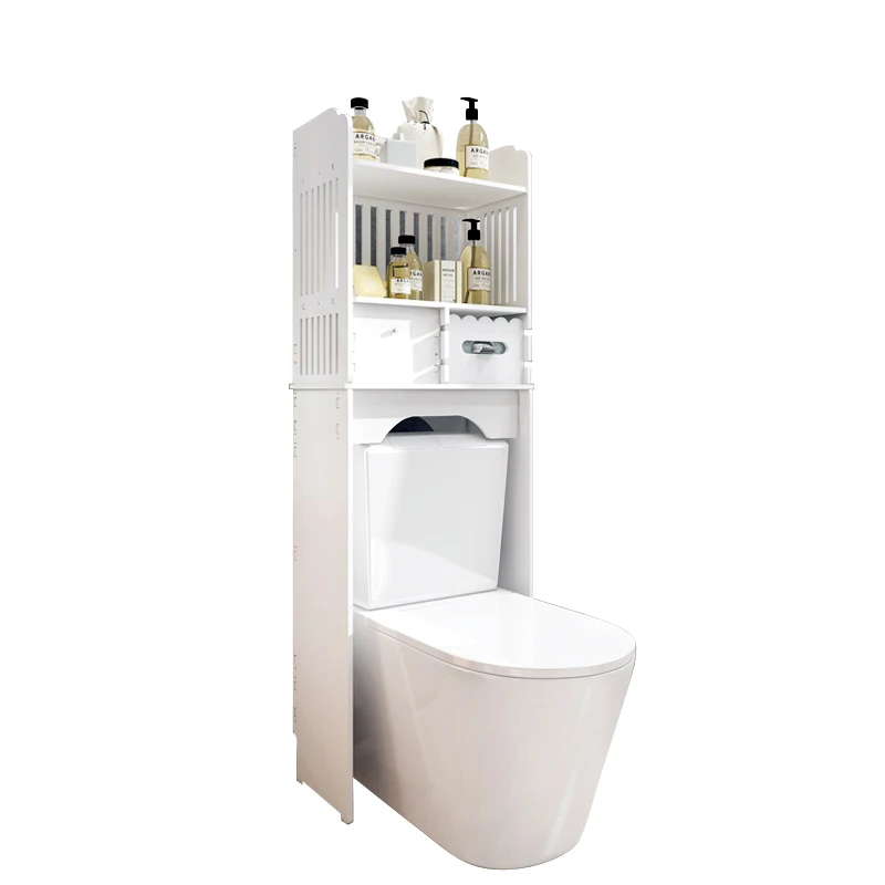 Storage racks above the void behind the toilet and toilet floor-to-ceiling bathroom toilet storage cabinet