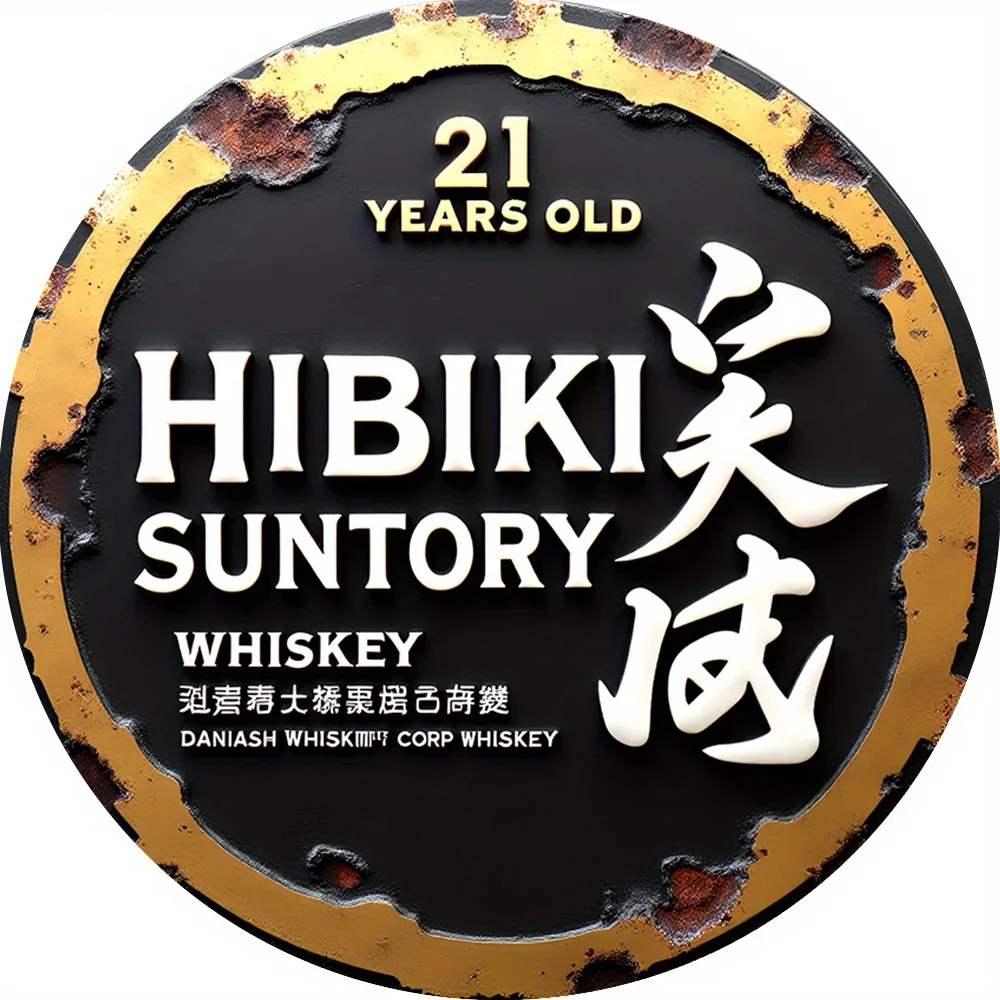 1PC 2D Flat Vintage Hibiki 21 Years Whisky Round Metal Sign 8Inch Black Gold Coffee Shop Home Wall Decor