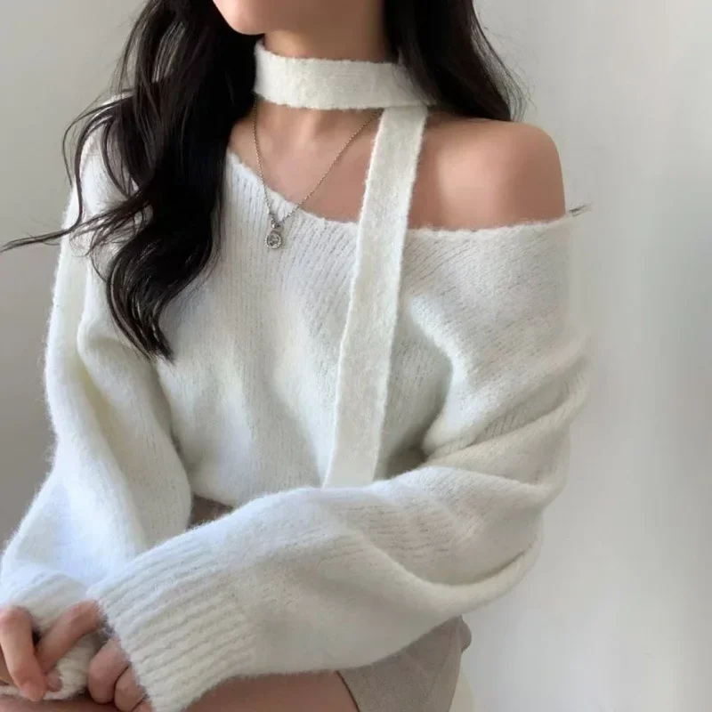 French Style High-end Feelv Off-shoulder Halter Neck Sweater Women's Korean Version Autumn/winter Loose-fit Sleeve Knitted Top