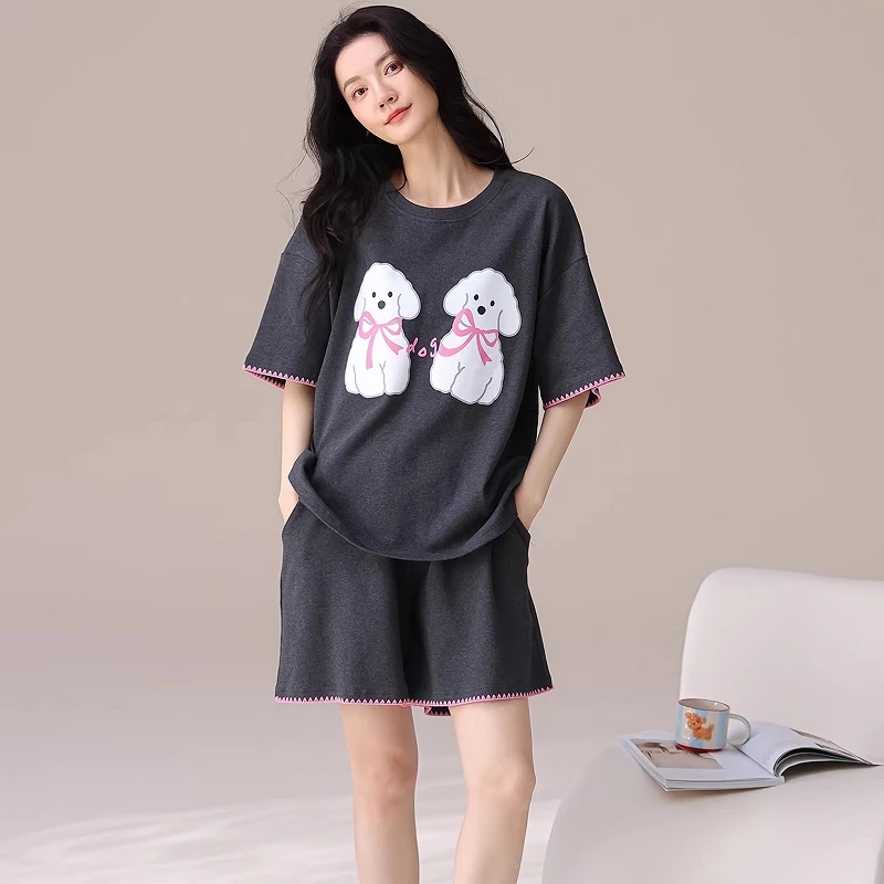All cotton pajamas for women in summer, pure cotton cute cartoon dog short sleeved shorts with chest cushion, summer home suit s