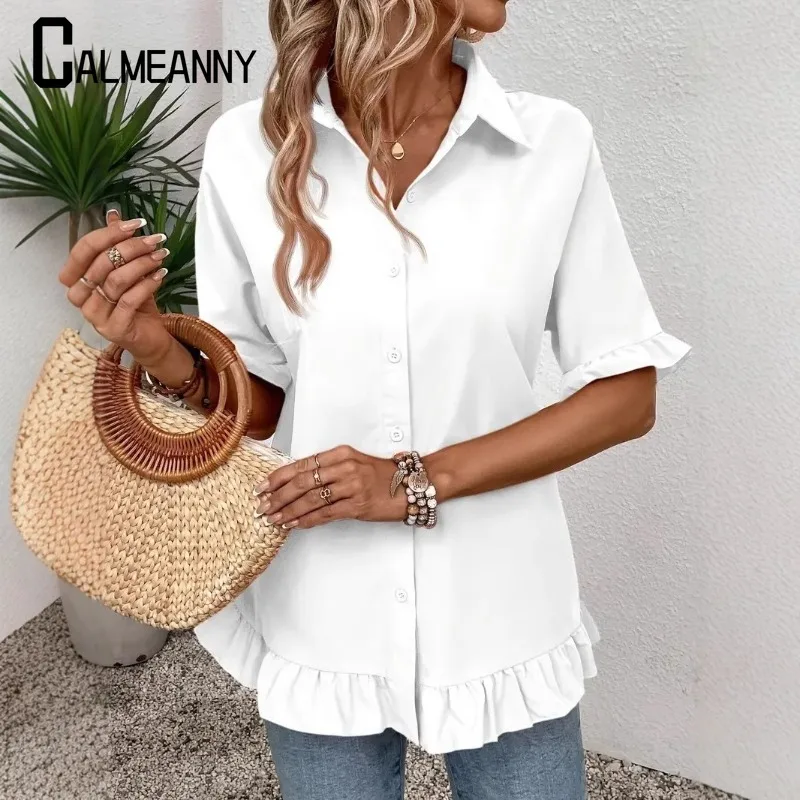 

2025 Spring And Summer New Style Cross-Border Foreign Trade Women's Clothing Solid Color Loose Ruffle Hem Loose Shirt