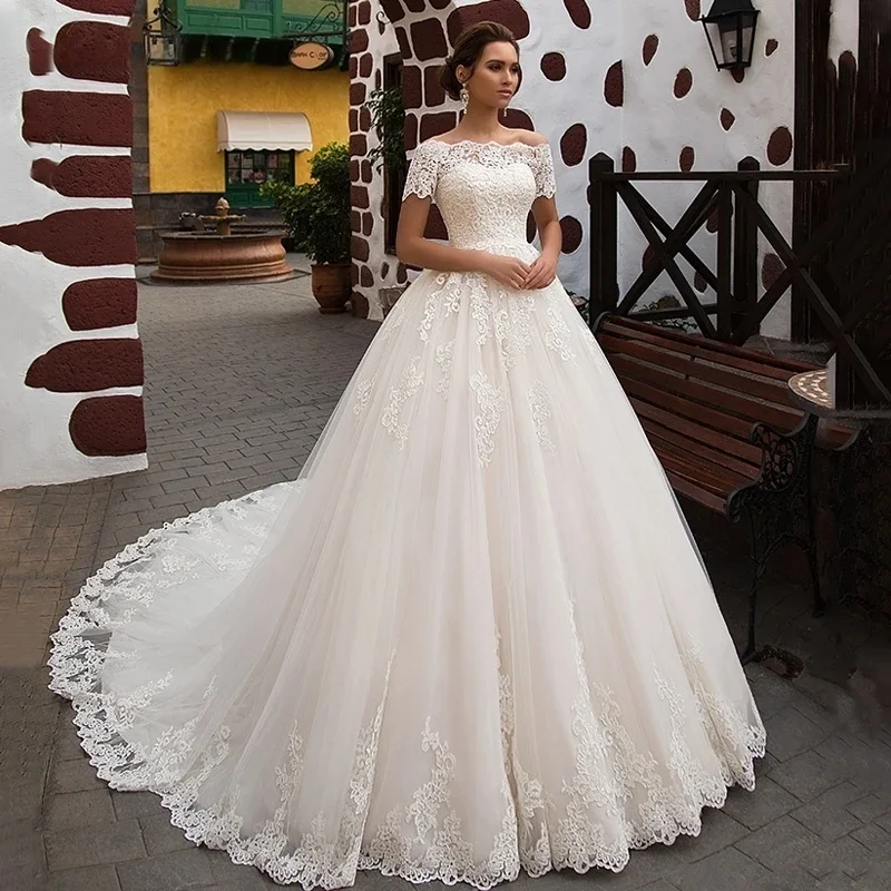 

Lace Wedding Dresses Ball Gown Short Sleeves Muslim Boho Bridal Gown Saudi Arabic Dubai Islamic Vestido De Noiva Customized