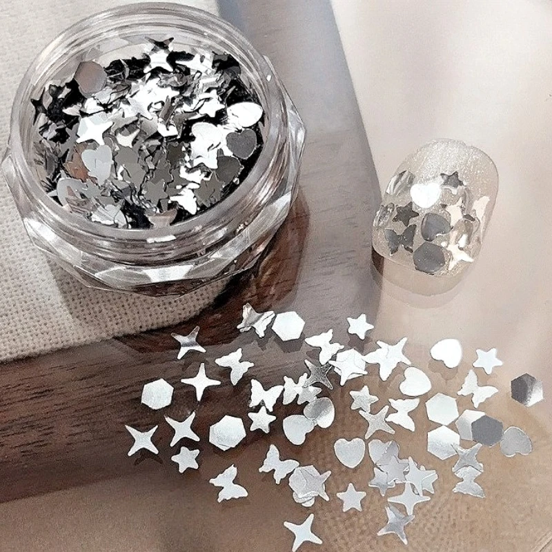 

Silver Glitter Sequin Mixed Style Star Shaped Love Heart Pentagram Butterfly Patch Nail Art Decoration Accessories Manicure Tool