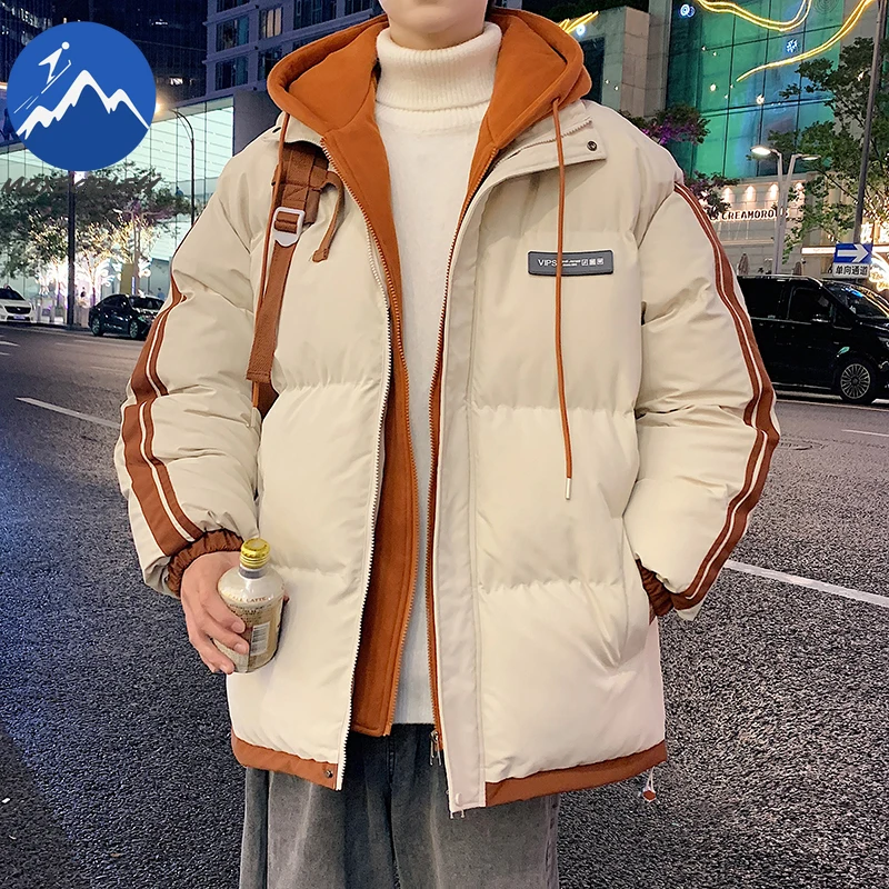 맥스바리 2025 신상 겨울 코튼 재킷 남성 K-팝 캐주얼 두꺼운 따뜻한 페이크 투 패딩 후드 패딩 재킷 하라주쿠 스키 패딩 코트