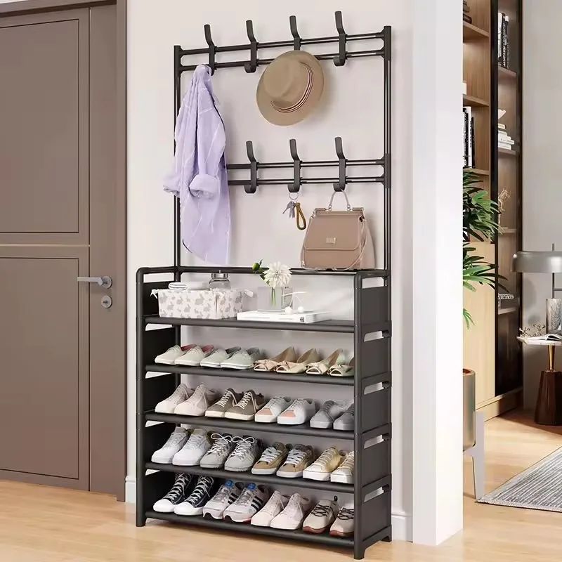 Durable Metal Entryway Rack with 4-5 Shelves and 8 Hooks for Shoes, Coats, Hats, and Accessories Storage