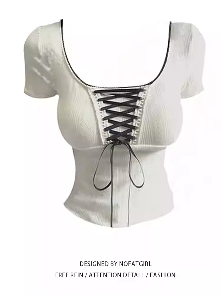 

Summer Women Fashion White Bodycon T Shirts Lace Up Design Vintage Short Sleeve Tees Square Collar Stretch Tops Streetwear