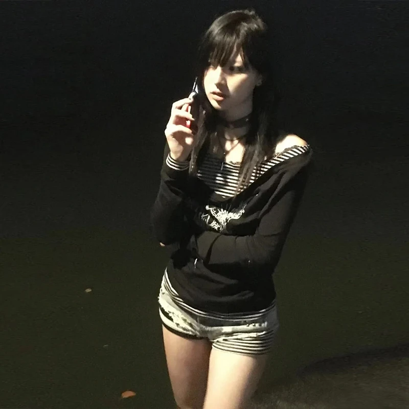 Genayooa Y2k اليابانية طباعة القمم غير النظامية المرقعة تي شيرت المرأة سوينغ طوق القوطية خمر الجرونج وهمية قطعتين القمم 2000s #4