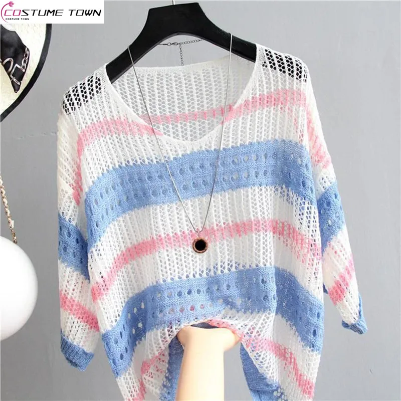 Colorful Hollow Stripes 2024 New Korean Knitwear Women's Loose Retro Style Pullover Thin Cover Sun Protection Clothing