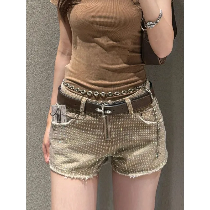 Summer Heavy-Duty Low-Waist Diamond Shorts Straight Leg Hot Pants New Model Colorful Diamond Embellished Denim Shorts