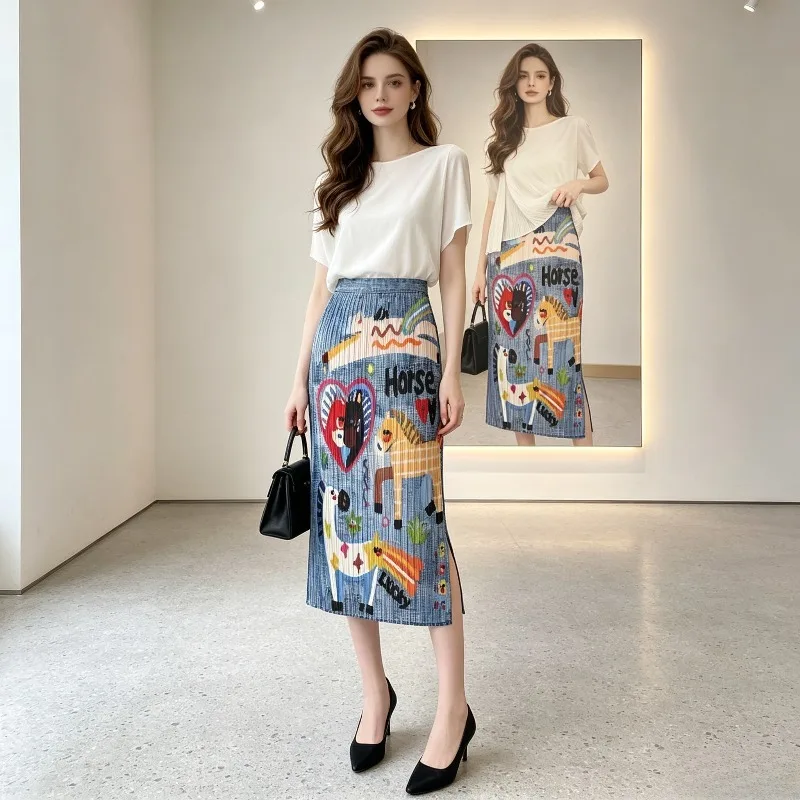 Miyake Pleated 2026 New Summer Animal Print Fashion Pleated Skirt Colorful Age-Reducing Slimming Casual Mid-Length Skirt Pleat