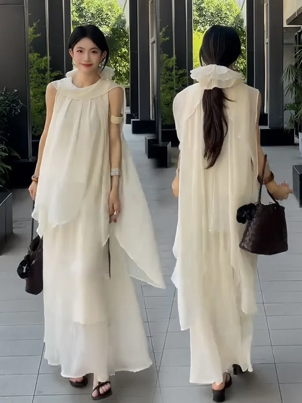 

Slimming Effectiveness Summer New Women's Outfit Loose Midi Skirt Sleeveless Top Asymmetrical Sash Two-Piece Set Fashionable