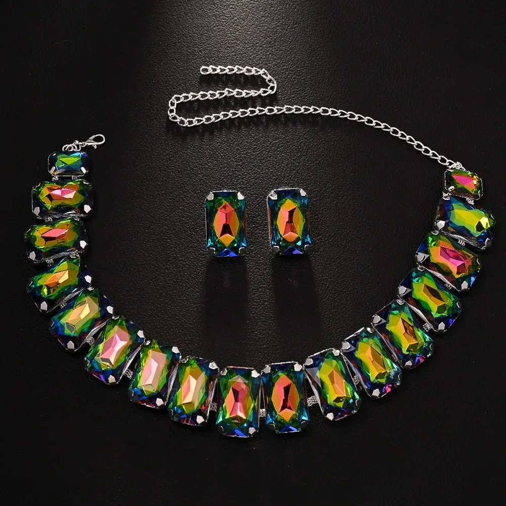 

Geometry Square Necklace Earring Set for Women Gift Colorful Rhinestone Choker Dubai Fashion Wedding Jewelry Sets Bridemaids