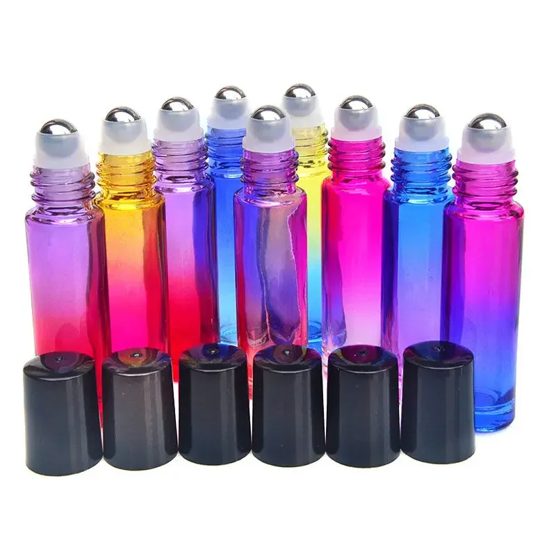 Botella portátil de color delicado y diferente, botella enrollable de perfume de vidrio negro transparente y ámbar con bola de rodillo de metal de acero inoxidable