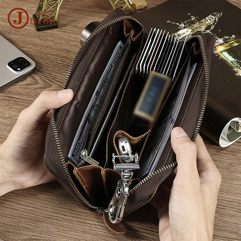 Men's Clutch Crazy Horse Leather Long Wallet TikTok Zipper Business Clutch Genuine Leather Clutch Bag Men's New