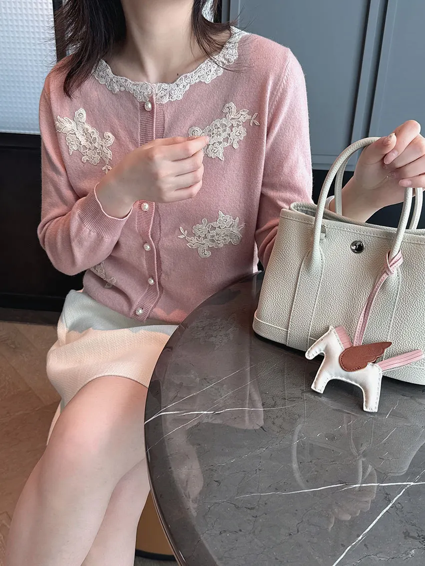 

Ele Embroidered Water-Soluble Lace Splicing Knitted Open Cardigan Wool Blend Thin Outerwear Spring 2025 Ladies Faion