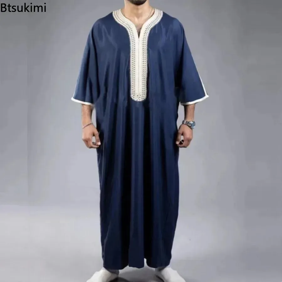 2024 Men\'s Muslim Thobe Middle East Jubba Thobe Long Sleeves Islamic Robe Men Muslim Dress Saudi Arabic Hooded Thobe Abaya Male