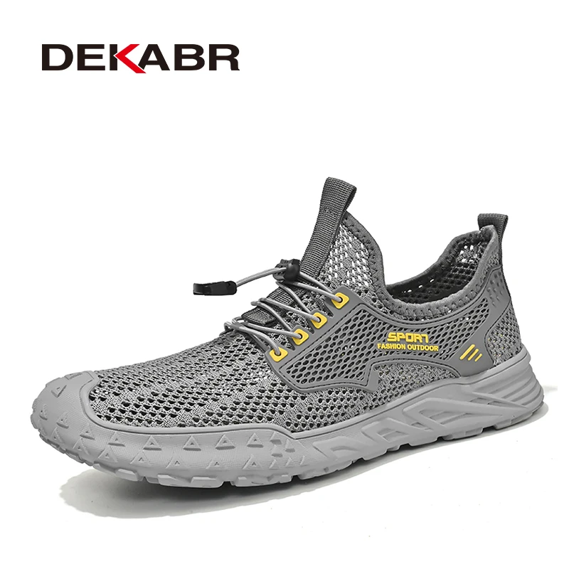 DEKABR Summer Men's Breathable Mesh Lightweight Comfortable Drawstring Casual Shoes Outdoor Non-Slip Thick Sole Sneakers Black