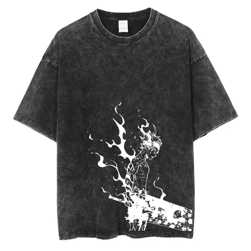 Anime czarna koniczyna sprana koszulka Harajuku Streetwear graficzna koszulka w stylu vintage lato 100% bawełna Hip Hop koszulka z krótkim rękawem