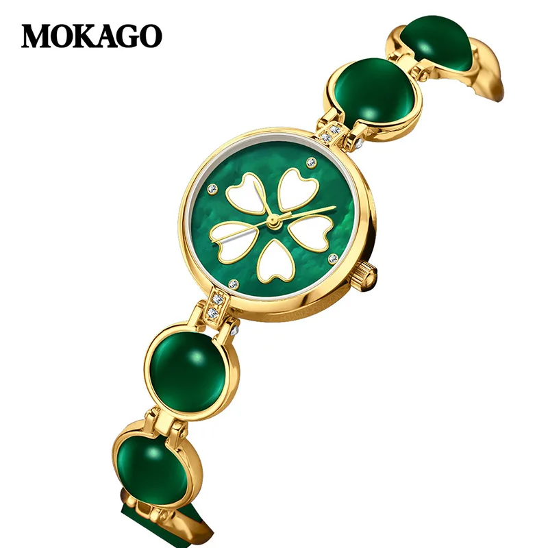 Women's Waterproof Copper Band Watch with Mother-of-Pearl Dial Versatile Luminescent Quartz Movement Small round Watch for Ladie
