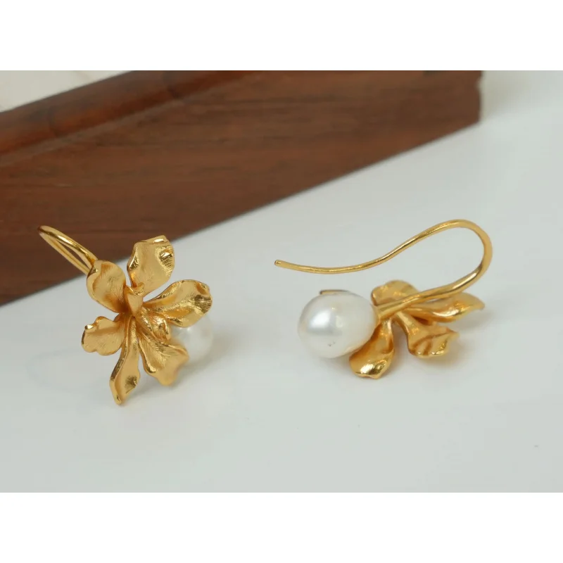 Litheline 24K Gold Plated Brass Iris Flower Fish Hook Earrings, Baroque Pearl Lead-Nickel-Sensitive Piercings Friendly view 6