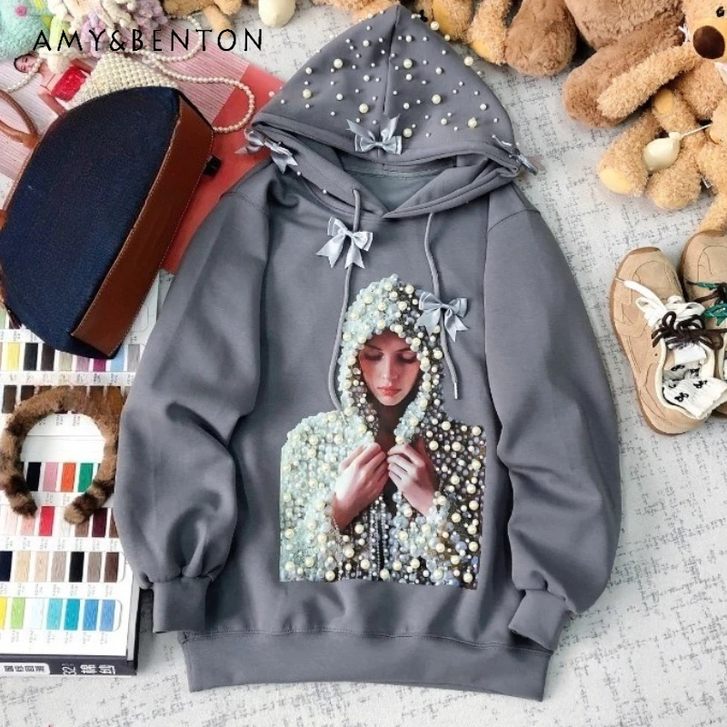 

American Retro Style Streetwear Hoodies Heavy Industry Beaded Girl Character Print Trendy Cool Fashion Hooded Sweatshirts Ladies