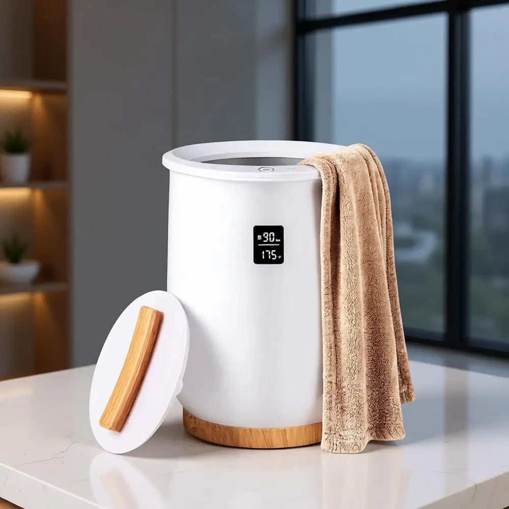 

White Wall-Mounted Towel Warmer with LED Display, Adjustable Timer, Fragrance Disc, Auto-Off, and Child Safety Lock