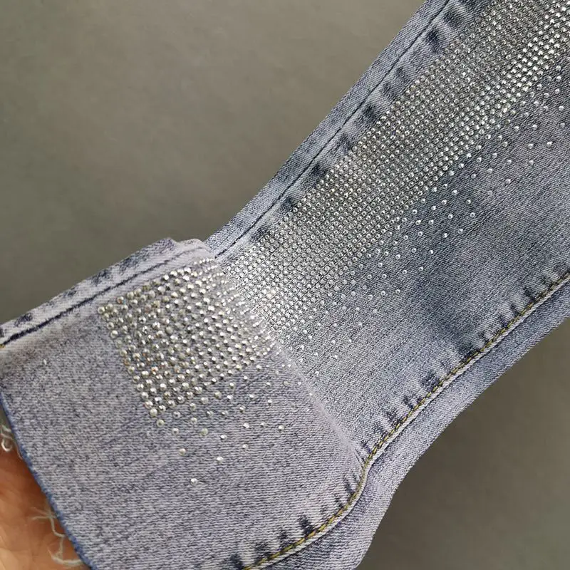 Luxury Vintage Shiny Diamond Skinny Blue Jeans Women Spring Autumn Chic Pencil Pants High Waist Elastic Jeans Slim Fit Trend New