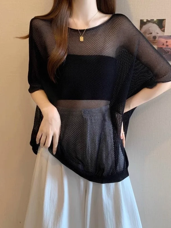 

Ele Bla Hollow out Knitted Top Me ort Sve Women's Outerwear Summer New plus Size Fat MM Cover up irt