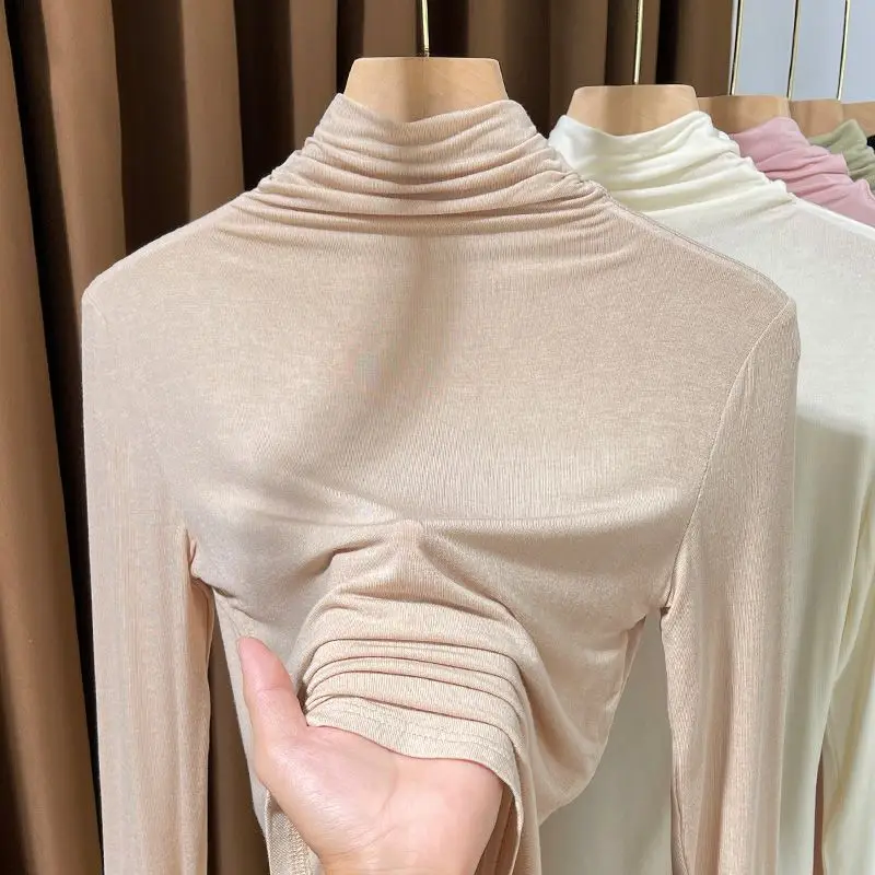 Modal High Collar Base Layer Shirt Women's Spring Autumn Tight Inner Long Sleeve Mask T-Shirt Thin Outerwear Top Korean Style