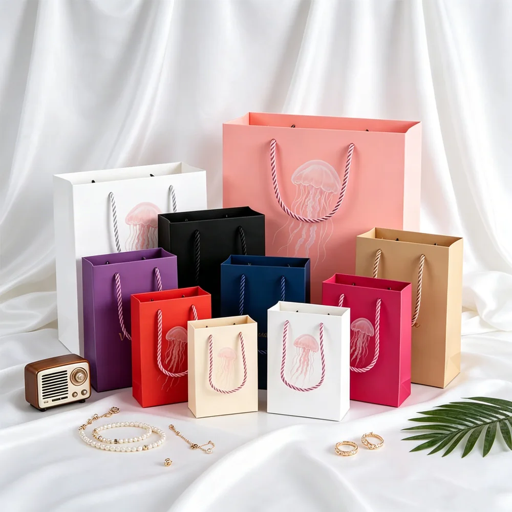 50-pack Customized Logo Paper Jewelry Tote Pouches Reinforced Handle Boutique Retail Bag Wedding Bridal Showers Small Business
