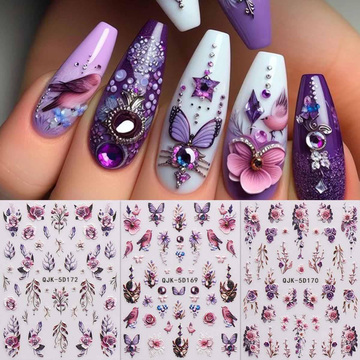 3 Stück Retro-Schmetterlings- und Rosen-Blumen-Prägungsaufkleber für Nagelkunst, einfach anzubringen, für Nageldekoration, DIY, Geschenk, Hochzeitsfeier