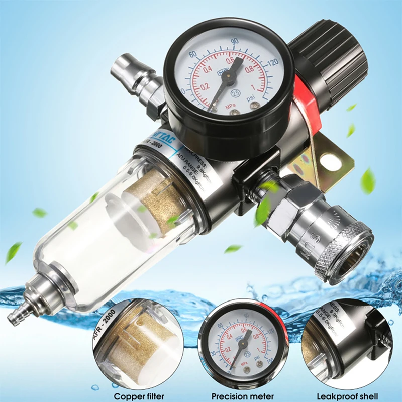

1/4'' Air Compressor Filter Water Separator Trap Tools Kit With Regulator Gauge