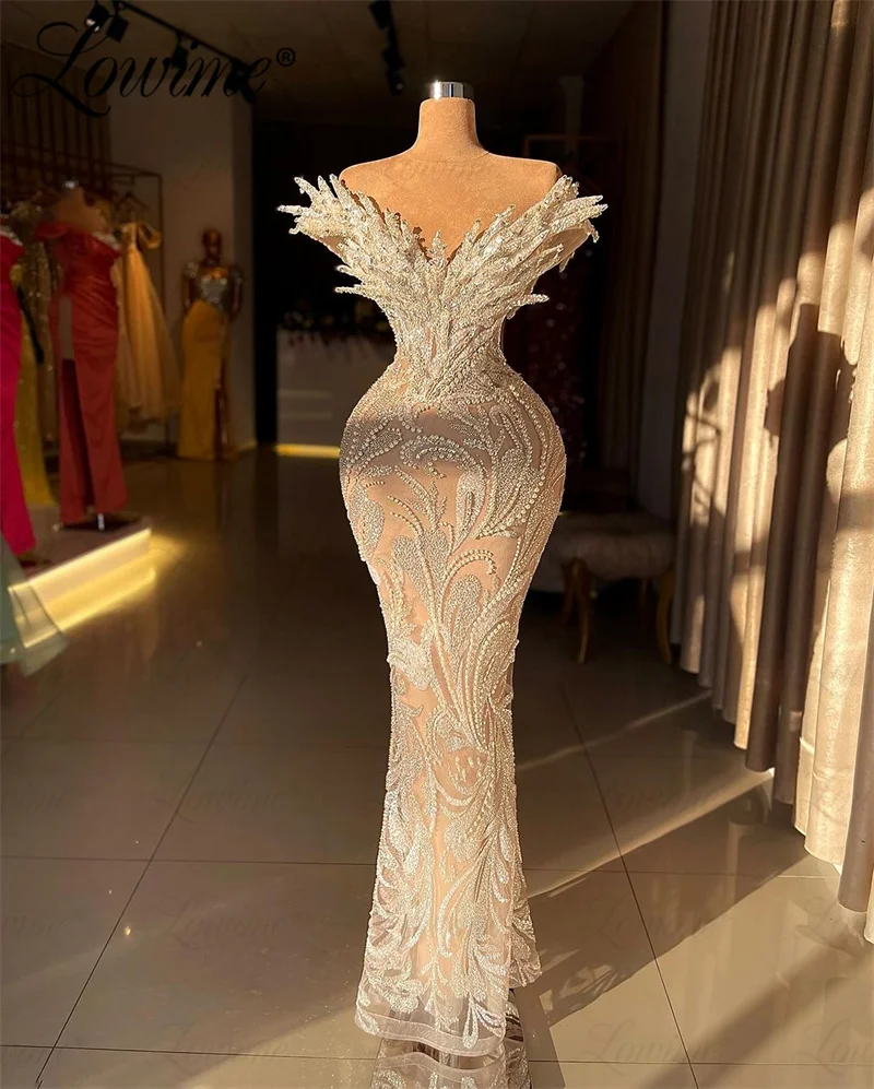 

Champagne Off Shoulder Arabic Evening Dress Aso Ebi Crystal Mermaid Prom Dress Sequined Lace Prom Dresses 2024 Pearl Party Gowns