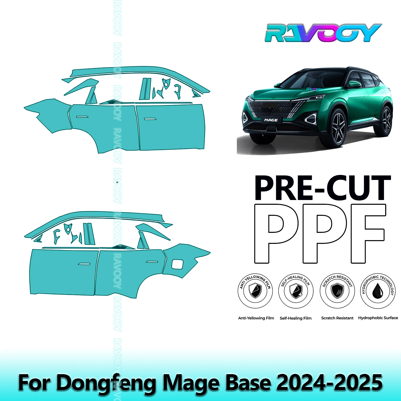 

For Dongfeng Mage Base 2024-2025 8.5mil Clear Matte Pre-Cut PPF Door & A/B Pillar Kit TPU Paint Protection Film Set