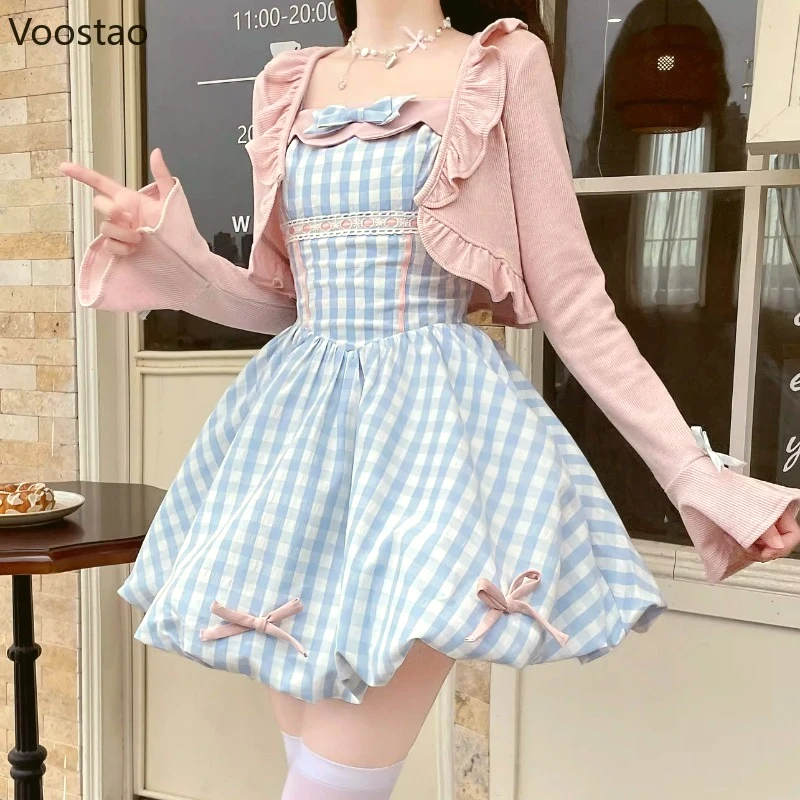 Japanese Kawaii Lolita Style Dress Set Women Sweet Crop Cardigan Tops Bow Plaid Strap Dresses Suit Elegant Y2k Two Piece Sets