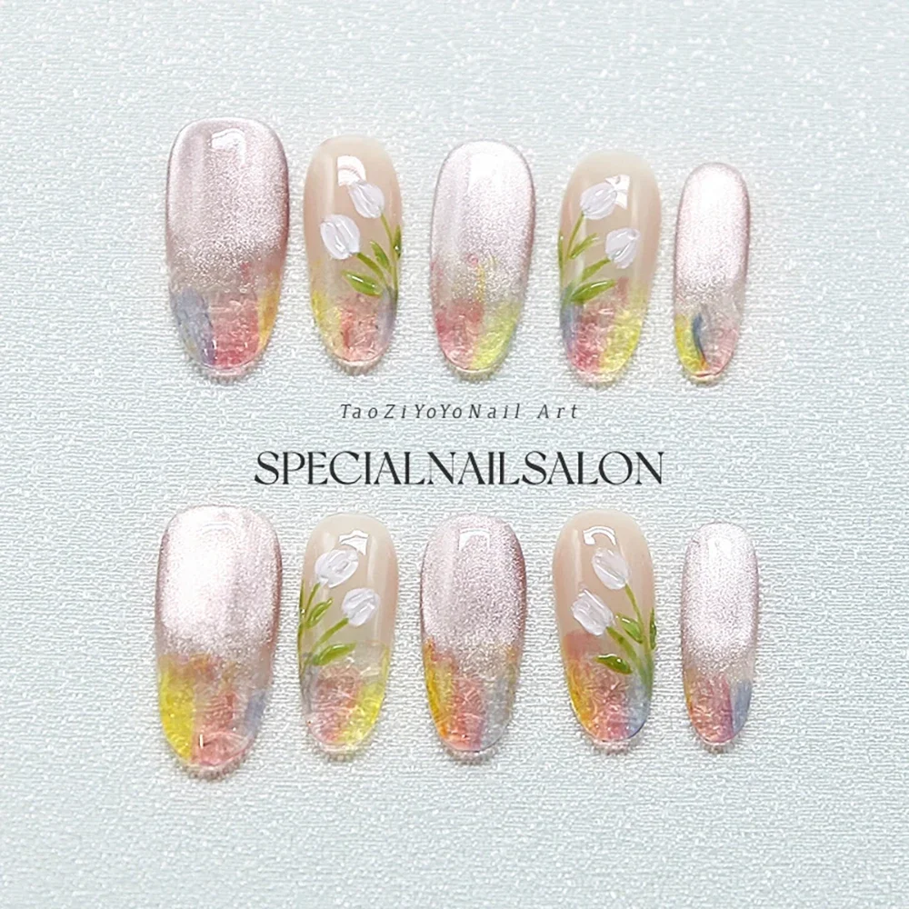 10Pcs Shiny Cat Eyes Handmade Hot Sell Press On Nails Kawaii Gradients Pearl Bowknot Awake Lion Wearable Full Cover Acrylic Nail