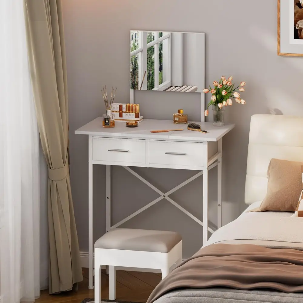 

Small Vanity Desk with Mirror and Drawers, White Makeup Vanity Table with Storage, Compact Vanity for Bedroom, Modern Makeup De