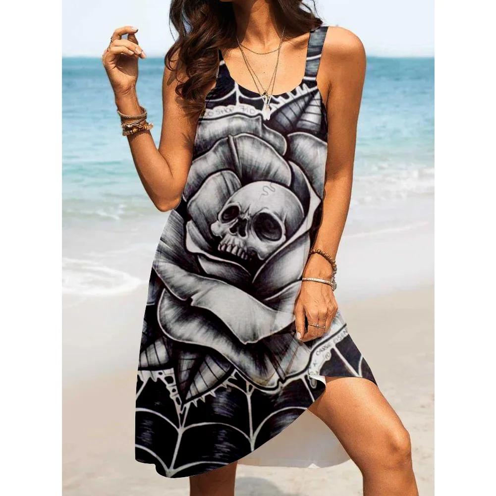 

2022 Summer Elegant Women's Suspender Dress Sexy Wide Brimmed 3D Printing Beachwear Ladies Seaside Holiday Sundress