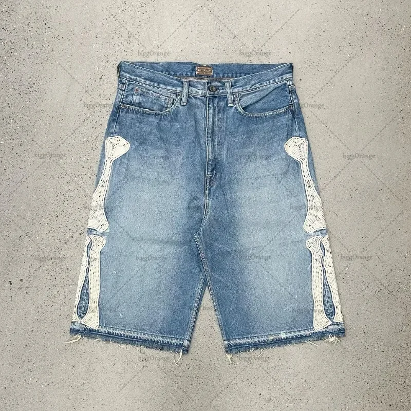 2024 Summer Denim Shorts Hip Hop Y2K Men Women Goth Letter Print Retro Blue Denim Shorts Street Wear