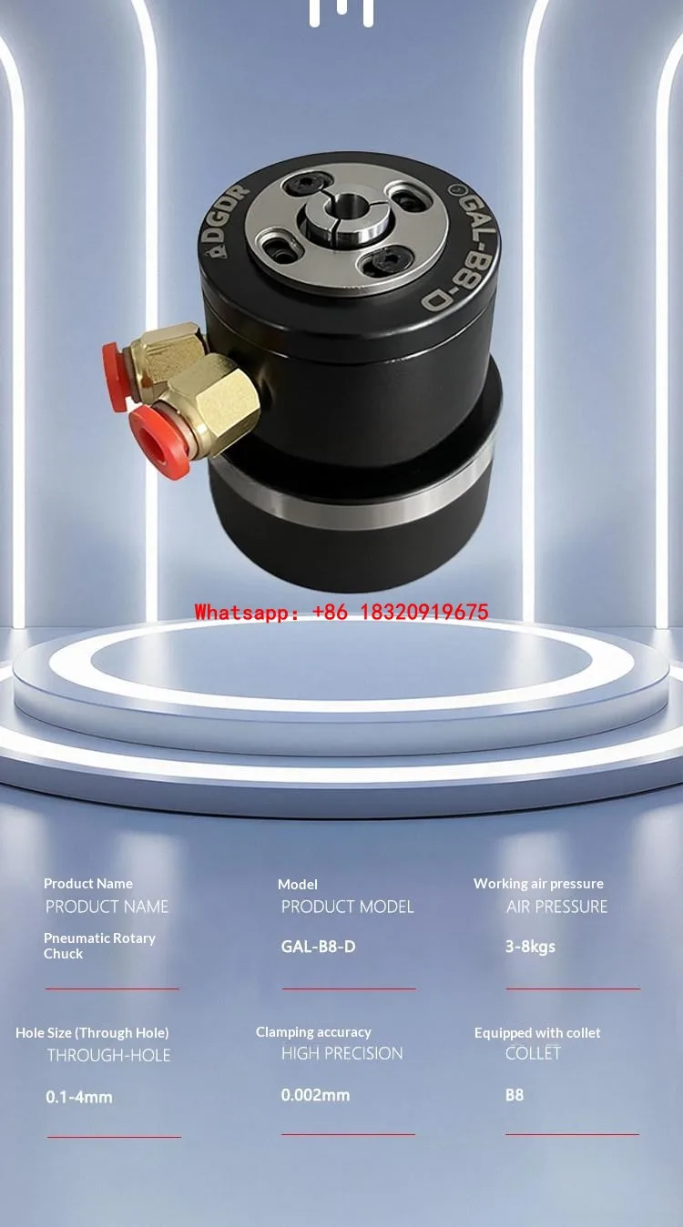 Cyclmotion GAL-B8-D Compact H-Precision Pneumatic Rotary Chuck / Air-Actuated Collet Chuck for Grinders and Inspection Fixtures