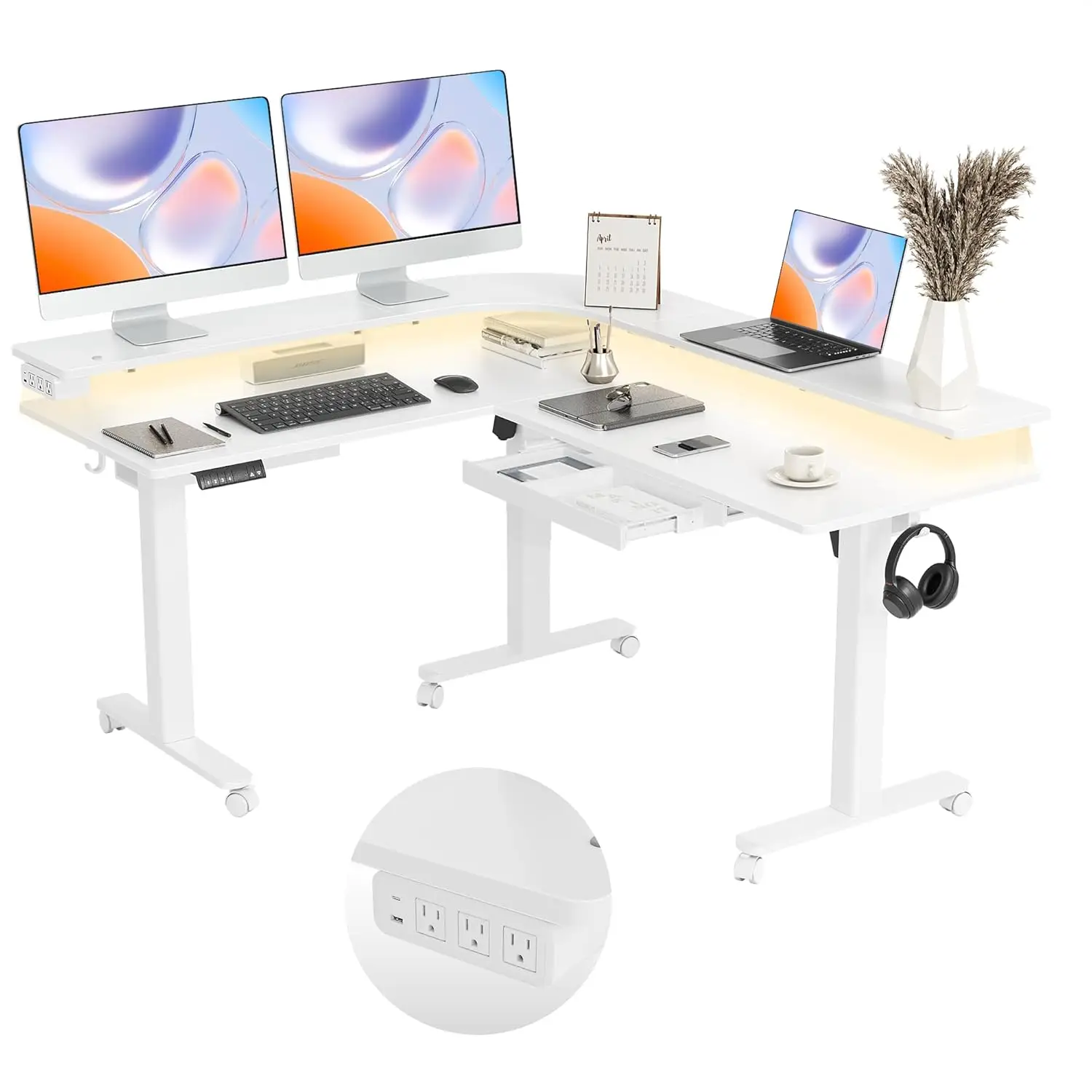 

63" L-Shaped Electric Standing Desk with Drawers LED Lights Monitor Stand Power Outlet 4 Memory Presets White Customized