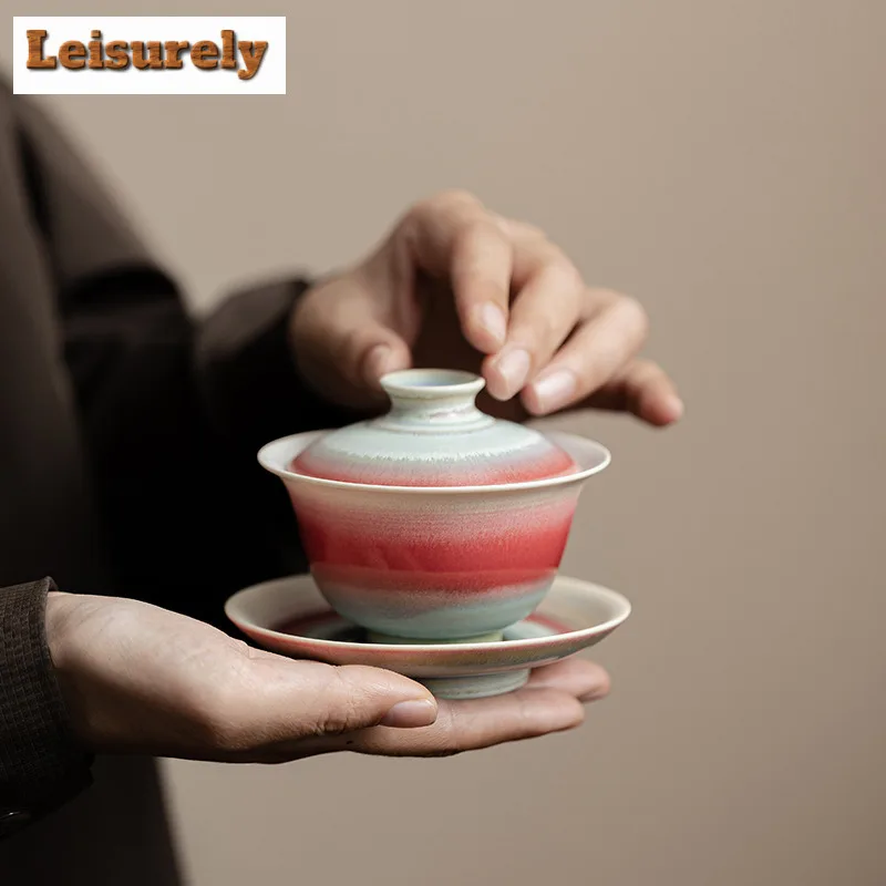 150ml Aurora Kiln Change Gaiwan Creative Red Green Glaze Sopera Cup Saucer Tea Tureen Tea Brewing Cover Bowl Cha Supplies Craft view 3