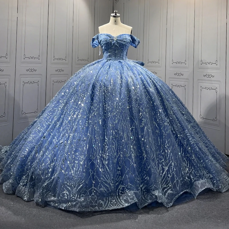 

Blue Shiny Quinceanera Dresses Ball Gown Off The Shoulder Sequin Applique Beading Bow Tull Party Birthday Sweet 16 Vestidos De15