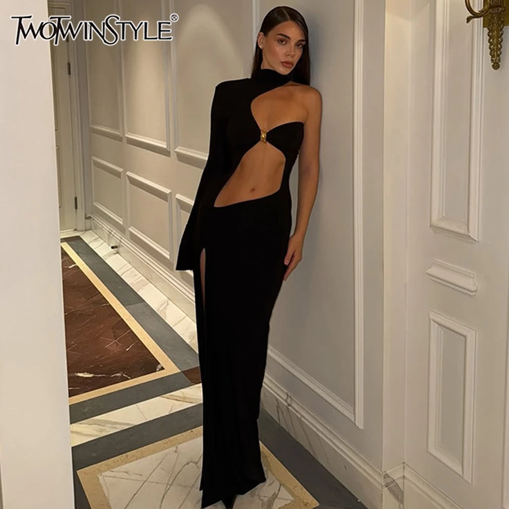 TWOTWINSTYLE Franse Sexy Uitgesneden Jurken voor Vrouwen Coltrui Lange Mouw Uit Een Schouder Hoge Taille Split Chic Lange Jurk Vrouwelijke